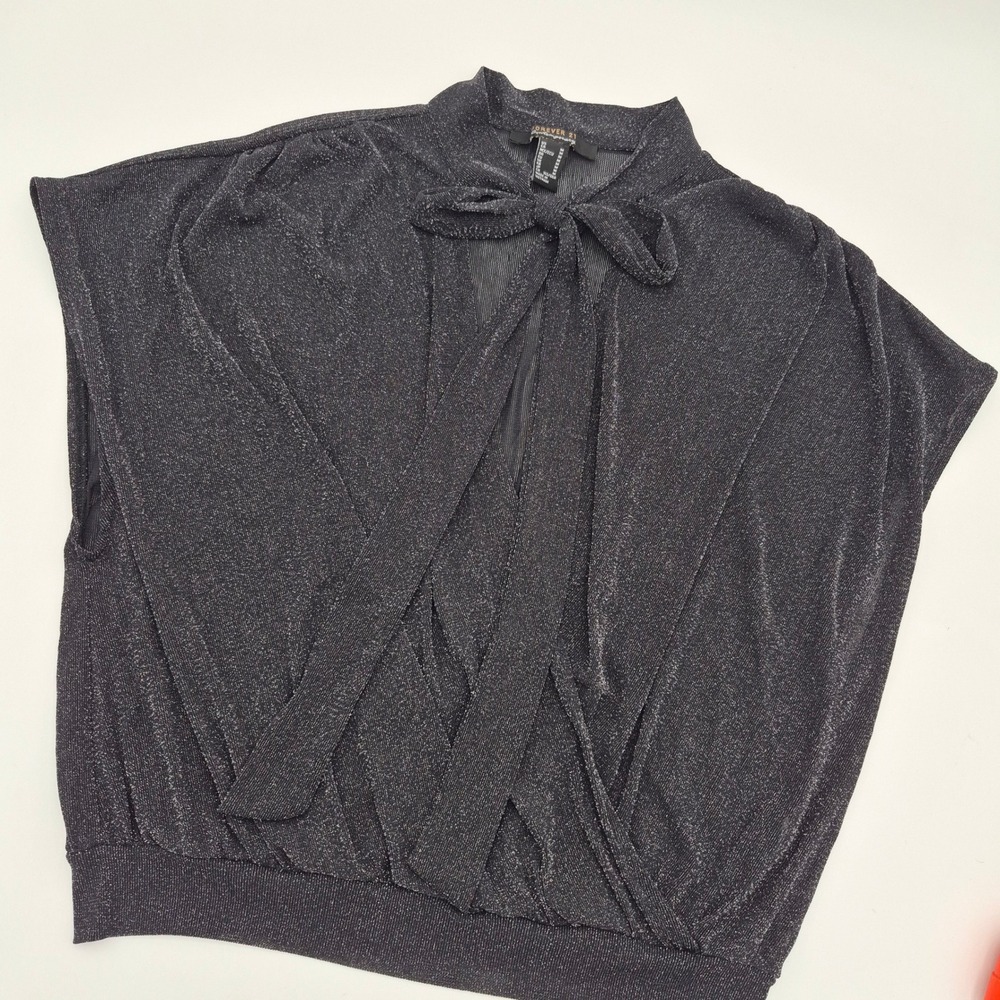 Forever 21 Contemporary Metallic Glitter Tie Neck Wrap Top Charcoal Grey Medium